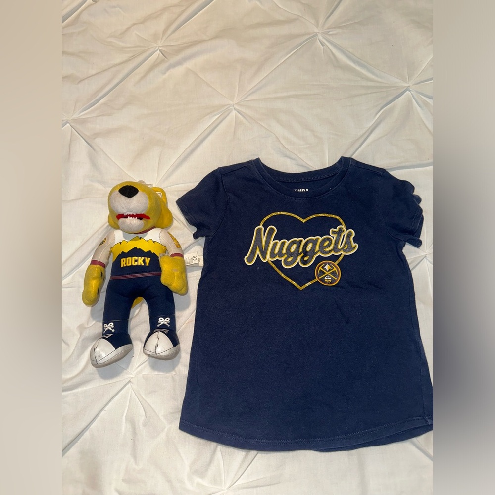 Denver Nuggets toddler girl shirt and Rocky the mascot plush